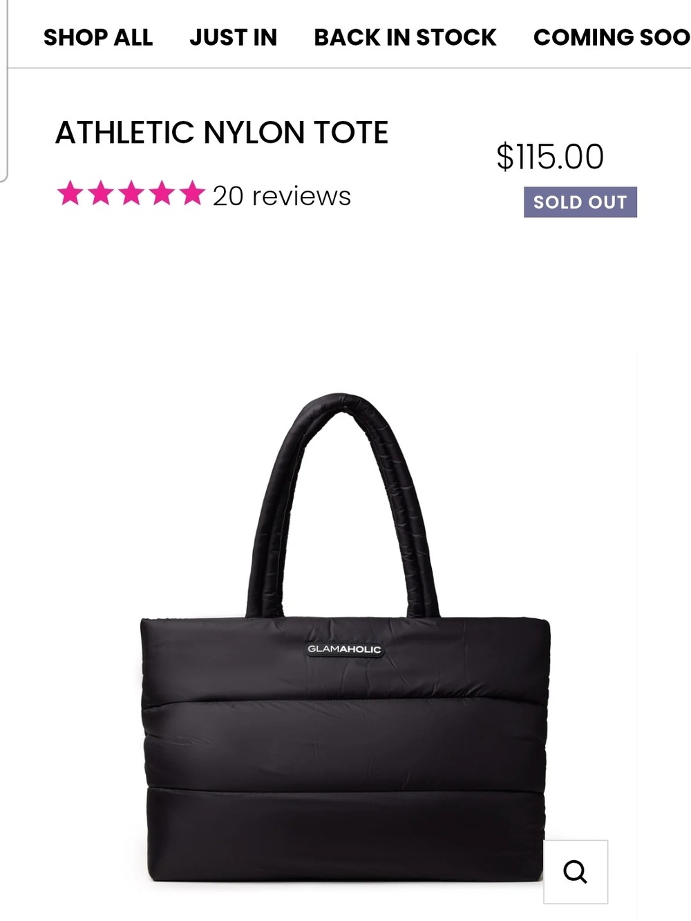 Glamaholic Athletic Nylon Tote - Black *Sold Out Item On Site